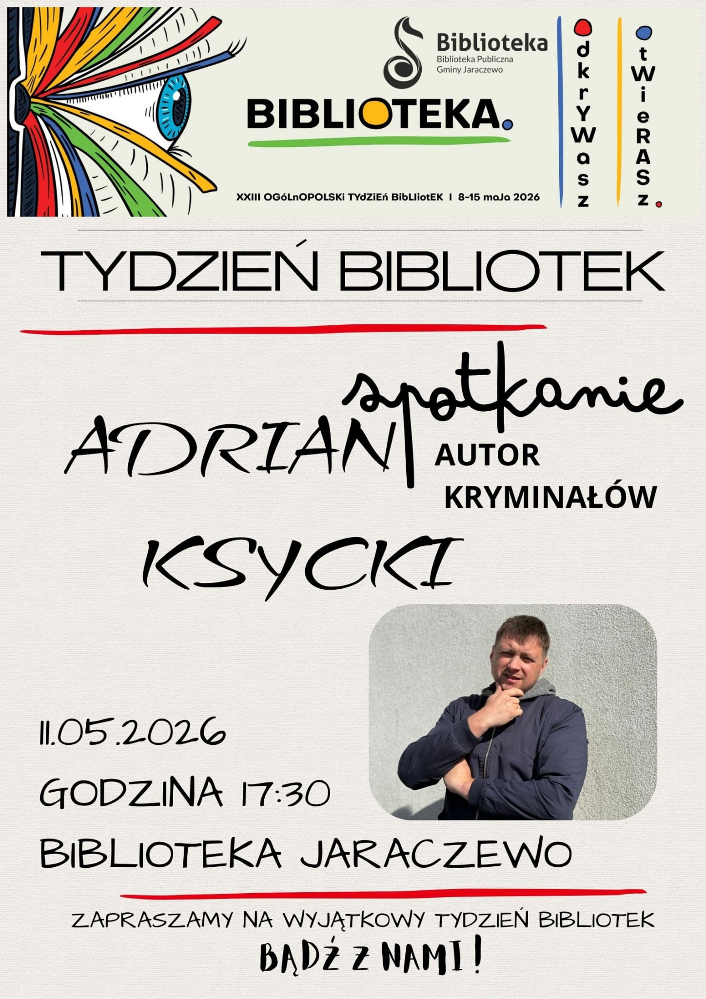 zaproszenie na spotkanie autorskie z Adrianem Ksyckim